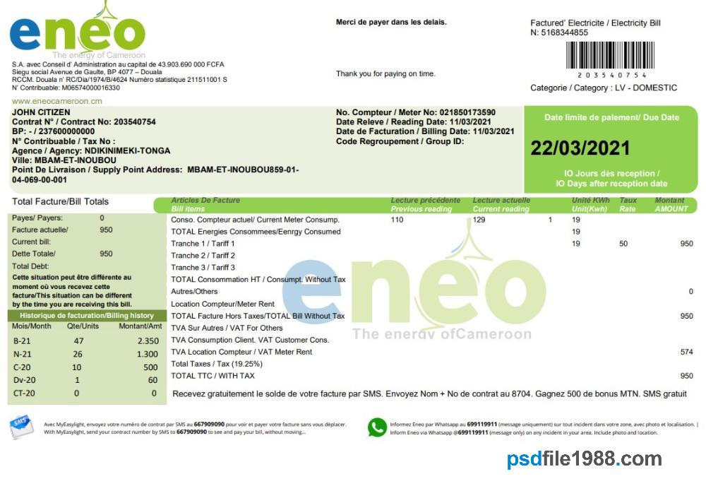 Cameroon ENEO Electricity Utility Bill Current Version
